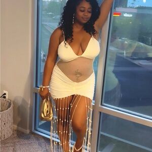 White Mesh Dress with Gold Accents